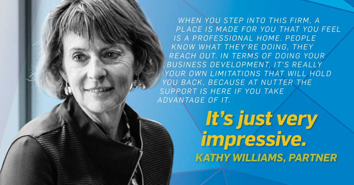 NutterLaw's tweet photo. Read what Partner Kathy Williams has to say about building her #IP and #LifeSciences practice at Nutter. Find out more about lateral recruiting opportunities with us: https://t.co/jBkAMPGuOO #UncommonOpps #WorkBoston #HiringInBos #BostonJobs #WomenInIP https://t.co/Yc4SEflPqy