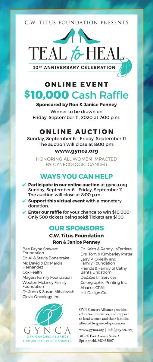 GYNCA's tweet photo. #10for10TealToHeal

$10,000 CASH could be yours if you buy your raffle ticket today. Winner will be drawn September 11th @7pm and does not need to be present.

September is gynecologic cancers awareness month!!!

💲🎟️💸💰🤑💵

Purchase your raffle tickets: https://t.co/CV3SBUogn5 https://t.co/mqOL6Wfhbh