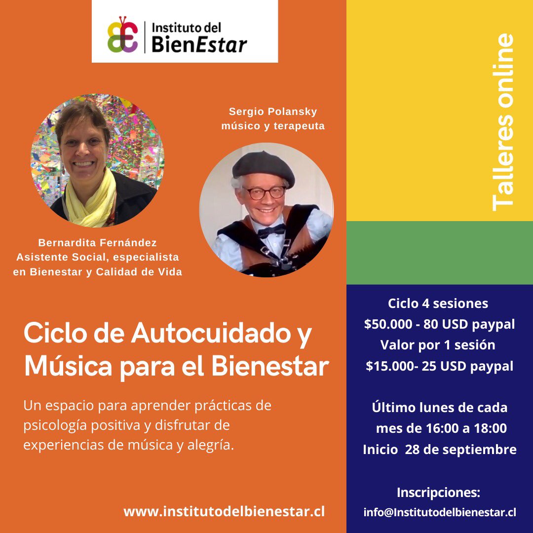Bienestar_Chile's tweet photo. Los invitamos a una experiencia de #autocuidado y estimulación cognitiva. Un Ciclo de 4 sesiones de 2 horas de duración cada una, vía zoom, por medio de la combinación de serenatas musicales y actividades de autocuidado basadas en el Modelo #PERMA de la #Psicología Positiva. https://t.co/y1mWojtmqX