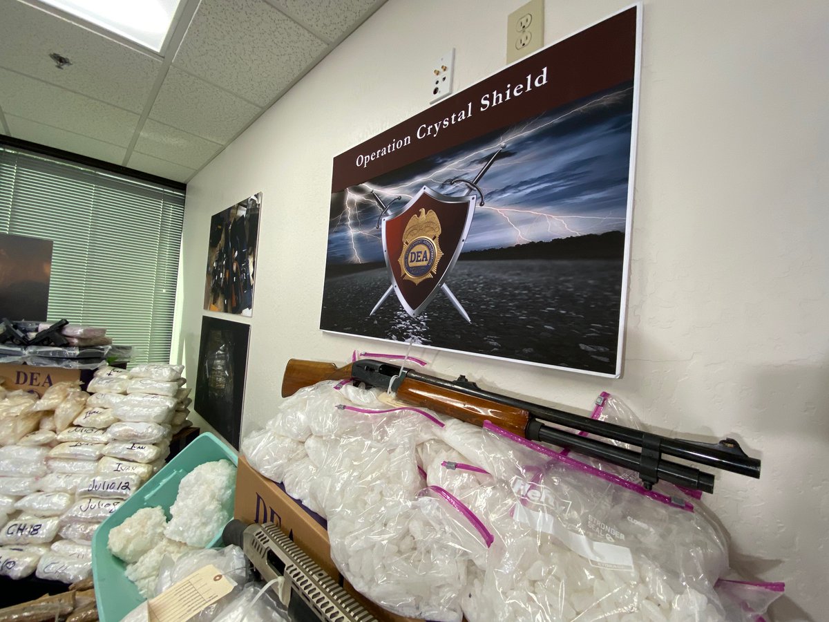 DEAHQ's tweet photo. #OperationCrystalShield in the first 6-months generated more than 750 investigations resulting in
🔹nearly 1,840 arrests
🔹seizure of more than 28,560 pounds of meth
🔹$43.3 million in drug proceeds seized
🔹284 firearms seized
Read more at https://t.co/lFNrBEDgff https://t.co/B8LbhevMPQ