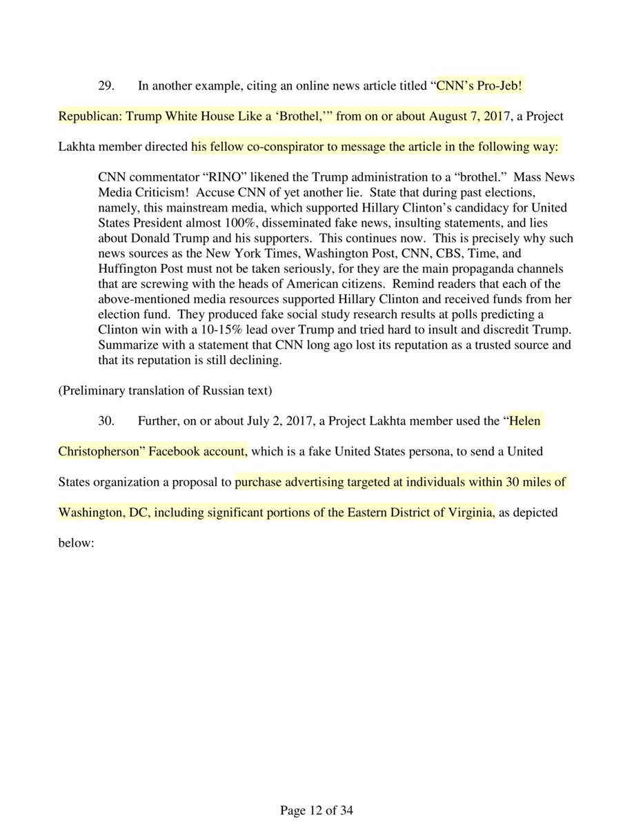 July 2, 2017Project Lakhta member used the “Helen Christopherson” FB account-a fake USA persona-proposal to purchase advertising targeted at individuals within 30 miles of DC, including significant portions of the EDVAGRRR2018@johncopper16 tweets2019  @africamustwake tweets