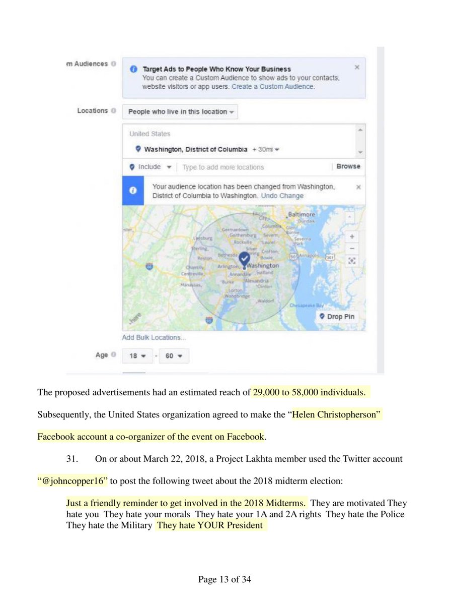 July 2, 2017Project Lakhta member used the “Helen Christopherson” FB account-a fake USA persona-proposal to purchase advertising targeted at individuals within 30 miles of DC, including significant portions of the EDVAGRRR2018@johncopper16 tweets2019  @africamustwake tweets