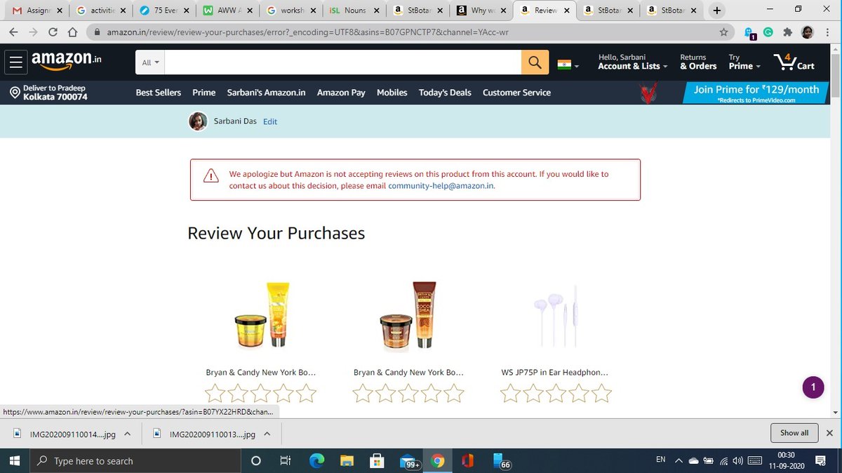 sarbanidas's tweet photo. @amazonIN Hi, when I am trying to leave a review of a product that I have purchased, I am getting this following error. Why is this happening? https://t.co/KtsTDARtUd