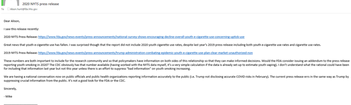 mikepesko's tweet photo. Here is my request to the FDA media contact to add 2020 youth smoking rates to their press release, rather than just youth vaping.

https://t.co/NAUucw3UtV

Send in a similar request to mine if you feel compelled. https://t.co/PRmsjyjcFc