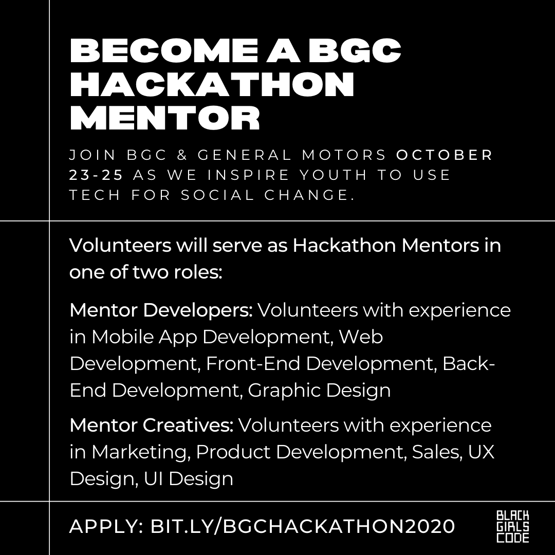 BlackGirlsCode's tweet photo. Join @BlackGirlsCode and GM as we empower youth to use #technology as a vessel for social change! Our virtual #hackathon is happening October 23-25 and we're looking for #volunteers across different industries to serve as Hackathon Mentors. Apply here: https://t.co/qIvGSoRzWo https://t.co/FkcNdgQ7qZ