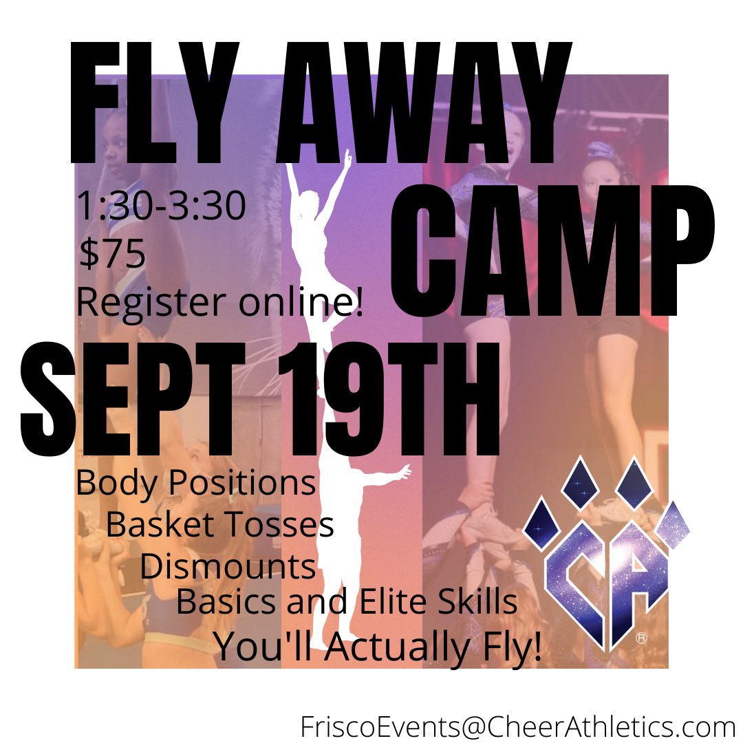CA_Frisco's tweet photo. We have two exciting camps next weekend! This seasons first Fly Away Camp is designed to benefit everyone from beginners to elites! Followed by a Tumbling Technique Clinic where we focus on technique and safety of each skill so progressing comes easier! Register online! https://t.co/xpLqMJHk4E