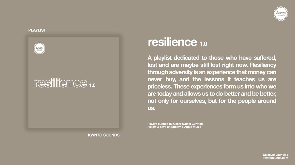 kwntosounds's tweet photo. New #playlist: Resilience 1.0 - A playlist dedicated to those who have suffered, lost and are maybe still lost right now. Curated by Oscar (guest curator). Listen now on #Spotify and #AppleMusic: https://t.co/FcXeVvn9PS #playlistcurator #musiccurator #mood https://t.co/c5fbo3BJzK