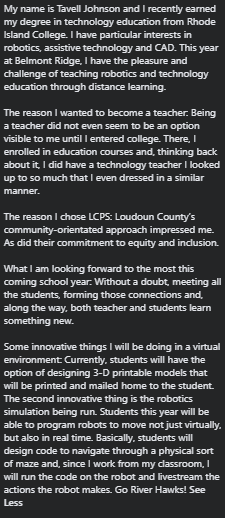 LCPSjobs's tweet photo. Our next spotlight is Tavell Johnson, a Robotics and Tech Ed teacher at @BelmontRidge. We are excited to welcome you to LCPS and wish you the best this year. We can't wait to see the coding your students do with the robots! #PlayItLOUDoun @MrsJohnsonBEM https://t.co/j7VnA1bi4P