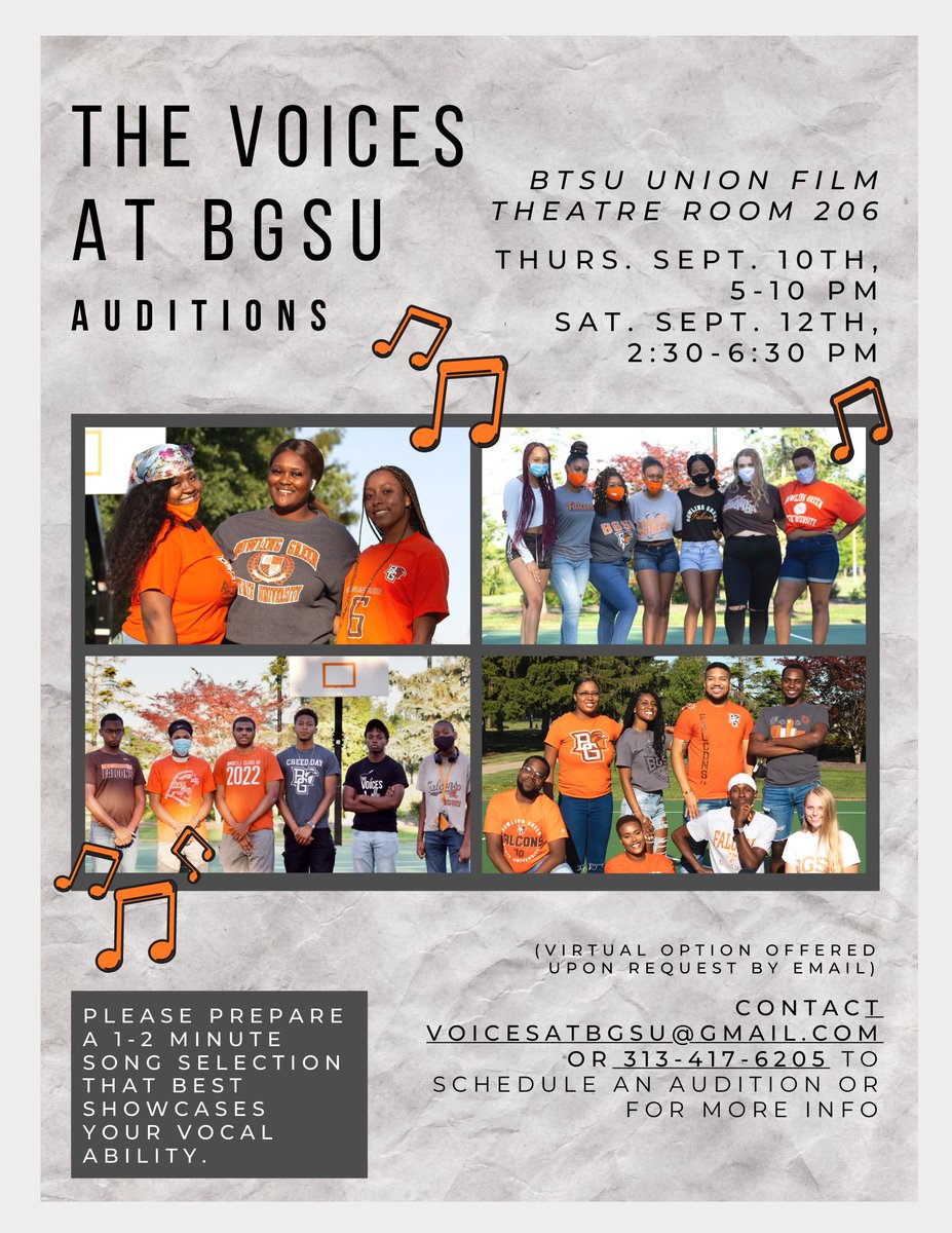 Auditions start tonight! Hope to see you there!  (Email voicesatbgsu@gmail.com with questions or to schedule an audition) 🎶