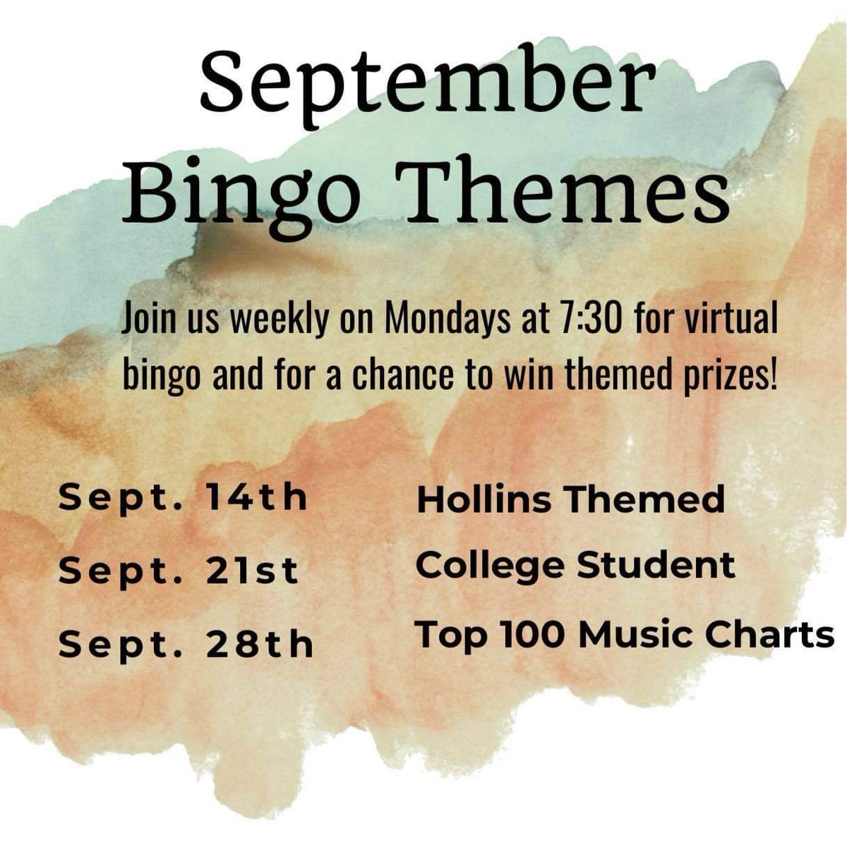 HollinsHAB's tweet photo. Hey Hollie Collies! Are you ready for some Bingo? Join HAB on these dates to play weekly bingo and win AMAZING prizes!🎊🎉🎊 https://t.co/jOM60O15Xe