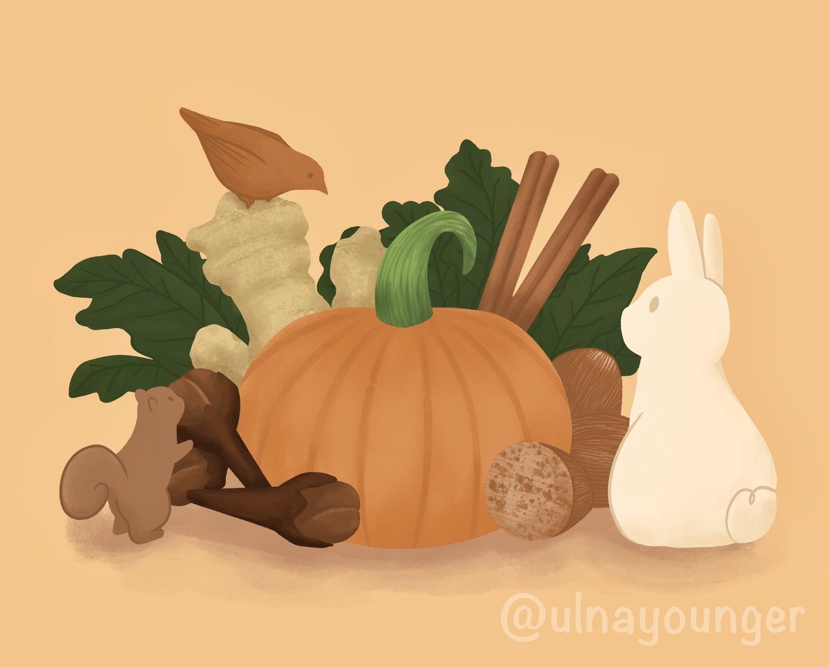 ulnayounger's tweet photo. This month I’m participating in the #FallArtBash2020! The week 1 prompt was “What’s On the Menu?” I chose to separate pumpkin spice out into its ingredients: cinnamon, ginger, nutmeg, and cloves. Of course I had to throw in some cute furry friends! https://t.co/EZgV130hZQ