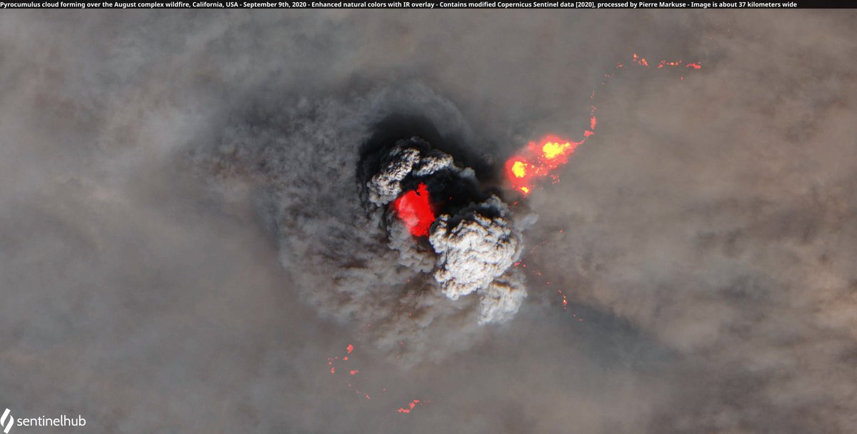 RobMayeda's tweet image. Our ongoing fire complexes continue resembling volcanic eruptions at time, here’s the pyrocumulus topped plume from 9/9/2020 on the #AugustLightningComplex and thermal overlay via @Pierre_Markuse #CAwx #FireWx