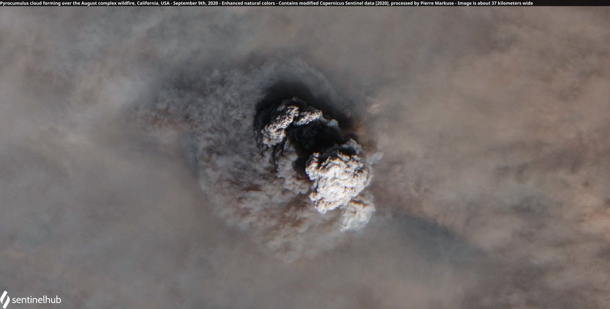 RobMayeda's tweet image. Our ongoing fire complexes continue resembling volcanic eruptions at time, here’s the pyrocumulus topped plume from 9/9/2020 on the #AugustLightningComplex and thermal overlay via @Pierre_Markuse #CAwx #FireWx
