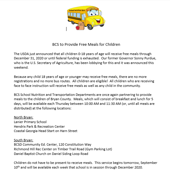 Bryan County Schools to Provide Free Meals for Children