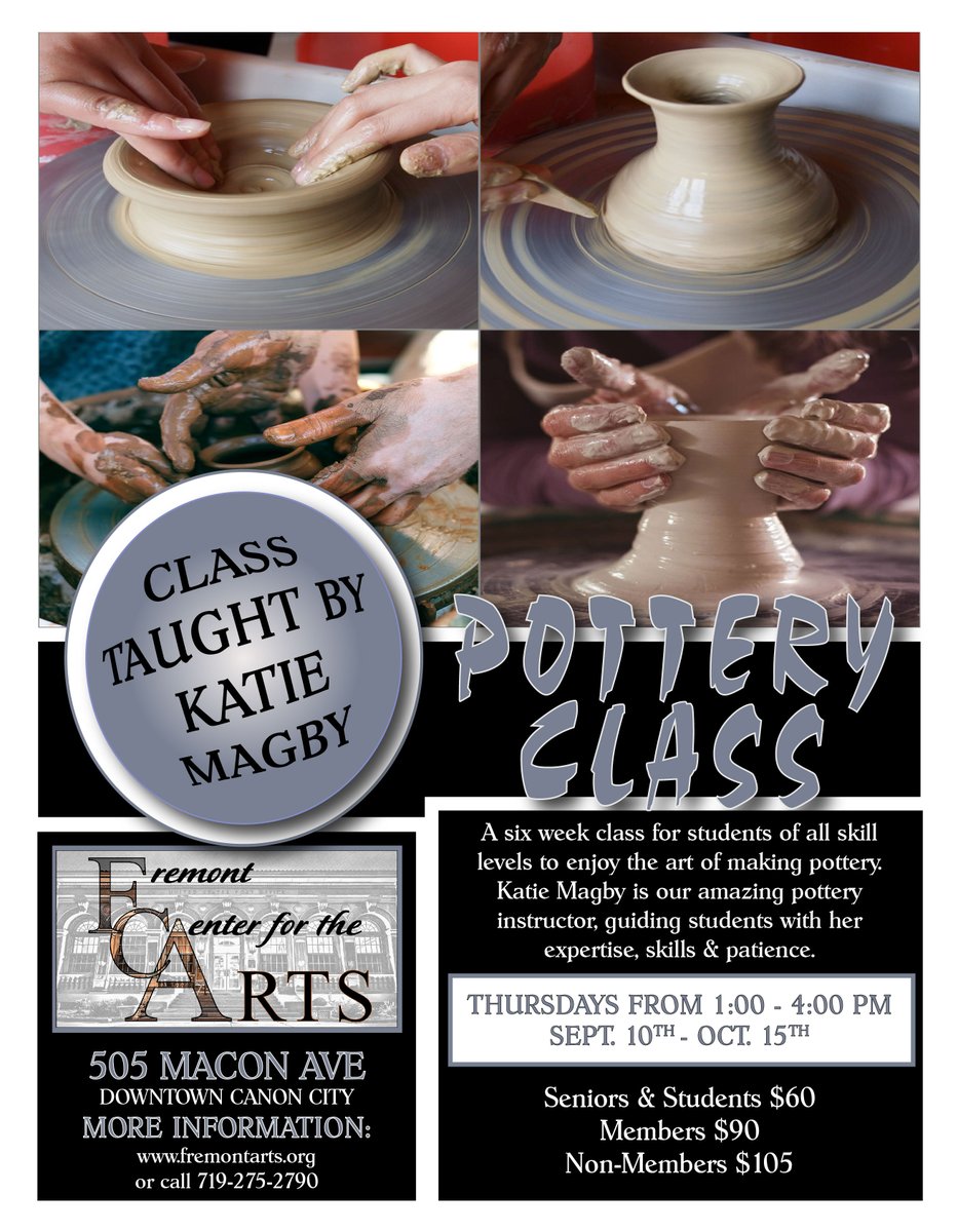 FremontArts's tweet photo. POTTERY CLASS
FCA's Pottery Class starts Sept. 10th from 1:00-4:00 pm. This is a six week pottery class on Thursdays for students of all skill levels. Sign up now, space is limited. 
Pricing: Non-members $105/Members $90/Seniors &amp; Students $60
https://t.co/pwBRPgZPug https://t.co/UqBkJdWsOT