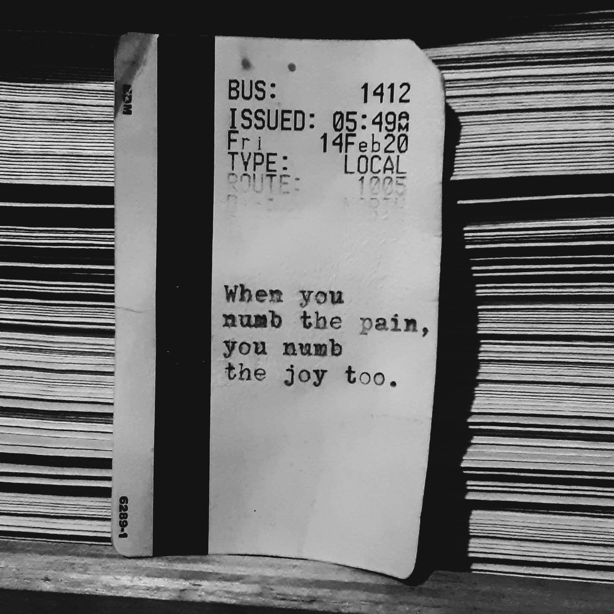 busfortunes's tweet photo. I absolutely, 100% understand the desire to dull the pain. These aren't the words of a teetotaler.  These are the words of someone who has dulled the pain plenty, and needs to be reminded that I can't numb one without numbing the other. 
#selfmedicating #fortune #foundobjectart https://t.co/z6yATihC8R