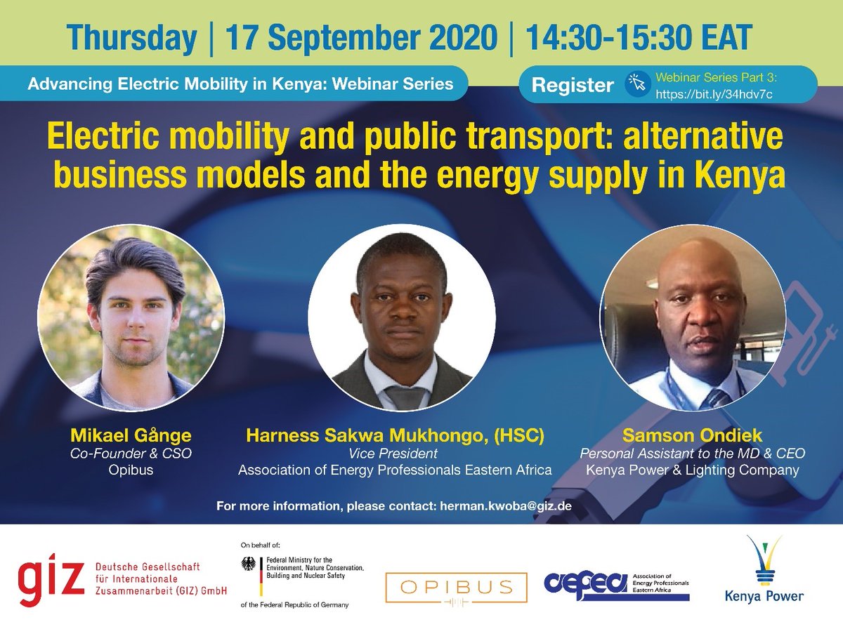 giztransport's tweet photo. Join us at a webinar on electric mobility in #Kenya which focuses on energy supply, alternative business models and the transformative nature of electric #mobility application in #publictransport.

🗓️ 17 September
⏰ 14:30-15:30 EAT

Register here ➡️ https://t.co/8vx0XMfDb6 https://t.co/5pikIyCzvy