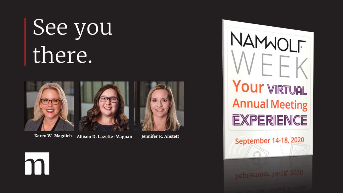 MagdichL's tweet photo. Magdich law is looking forward to next week’s #NAMWOLFWeek Virtual Meeting. Jennifer Anstett, @Allison Lazette-Magnan, and Karen Magdich from the Magdich team will all be in attendance. @NAMWOLF #Diversity #Inclusion #LegalExcellence https://t.co/RGsD2j4ocE
