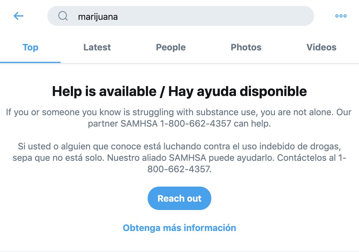 kylejaeger's tweet photo. Twitter partnered with a federal drug agency on a new search feature that advocates view as problematic. For ex:

When you search "marijuana" on the site now, you get a notice offering substance misuse resources. 

When you search "vodka," you get...

https://t.co/6jKpMmgrDU https://t.co/9h9rl31LBn