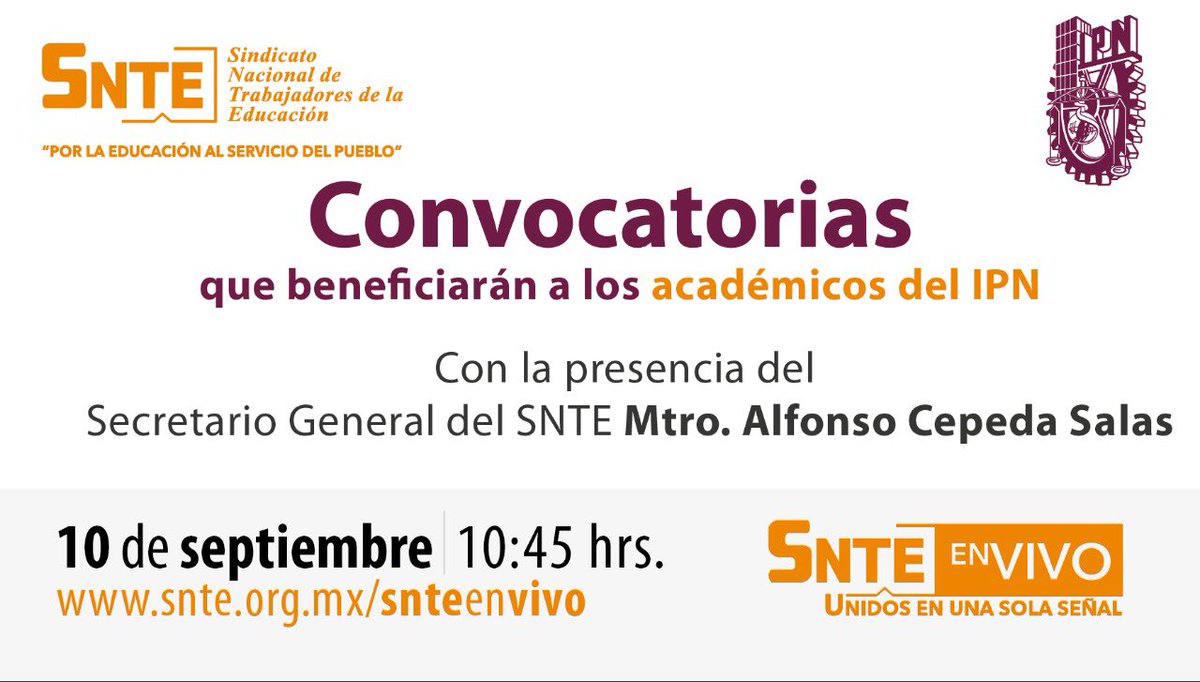 Admon26's tweet photo. #SNTEunoAuno 👩‍🏫👨‍🏫

📡 #SNTEenVivo 👉 https://t.co/KLwsKi9CLt 👈 sigue la transmisión de CONVOCATORIAS @IPN_MX  para basificación, compactación y aumento de horas 

Hoy 10 Septiembre a las 10:45 Hrs. 🕙 https://t.co/F7SnZMqN5K