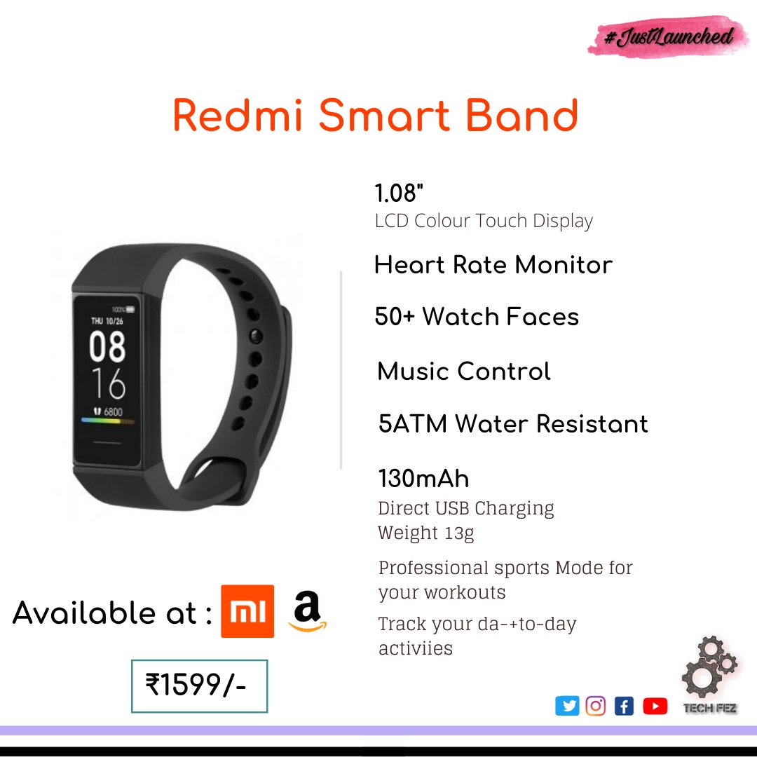 tech_fez's tweet photo. The all-New Redmi Smart Band is launched and available at @amazonin and Mi Store
.
.
.
#redmismartband #mi #techfez #techupdates #technology #technews #madeinindia #fitnesswatch https://t.co/Z9509UKTLI