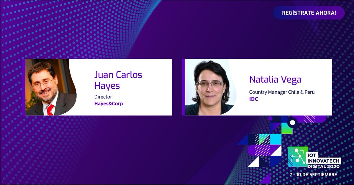 A las ⏰12:55 Chile Carlos Hayes, Director de #Hayes&amp;Corp y Natalia Vega, Gerente Regional para Chile y Pery de <a href="/IDC/">IDC</a> debaten #IoT cómo Acelerador de la Innovación en #IoTInnovatech20 
Asista en la web app:
💻📲 bit.ly/IoTApp20