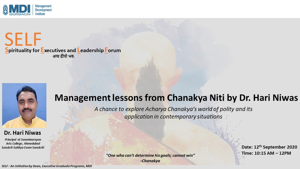 mdinmp's tweet photo. Lessons in Management from Chanakya Niti by Dr. Hari Nivas on Saturday, 12th September, 2020 10:20 AM. Do tune in this virtual guest lecture organised by SELF.
#mbalife #MDI #nmp33 #nmp https://t.co/4bpwAiHCdZ