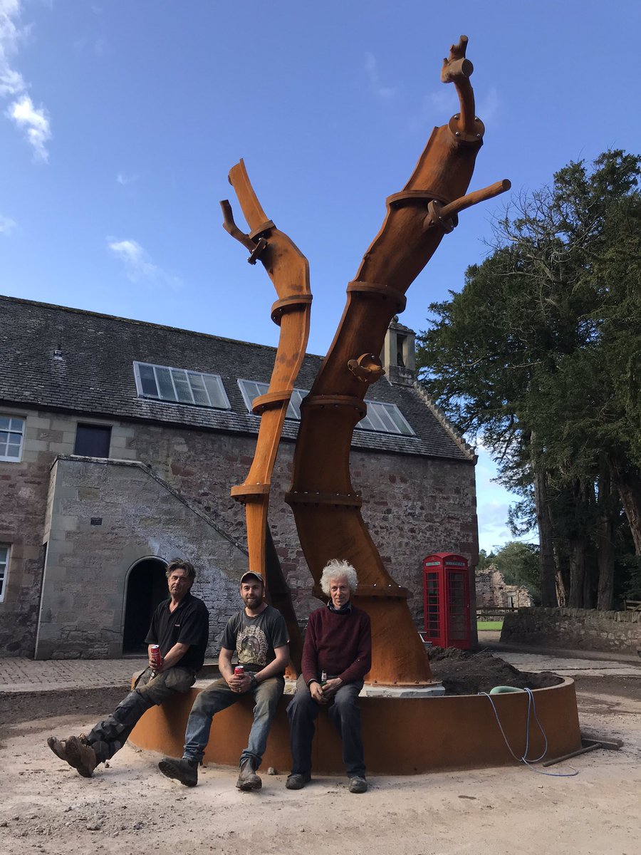 Bravo Charlie, Stuart & James - you did it 👍💥.  Dancing Tree by Charlie Poulsen, local artist based @ the magical Allanbank Mill Studio.  This now forms the focal point at the centre of our Creative Spaces @ Marchmont; studios & spaces for artists for rent & residencies.