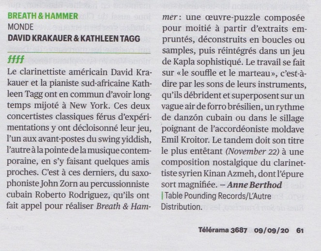 DavidKrakauer's tweet photo. Merci mille fois Telérama &amp; Anne Berthold!!🙏🏼🎶 @kathleentagg #Breathandhammer #newrelease #tablepounding #album #review https://t.co/PeQ13eYGc1