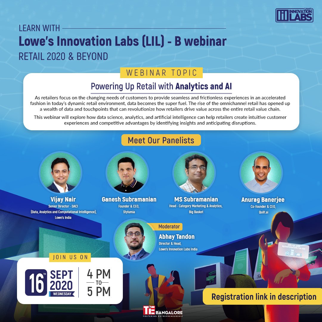 AbhayTandon20's tweet photo. Proud to present the next webinar by @LowesLabs on #AI &amp; #analytics for #retail with leaders from @bigbasket_com, @AiQuilt, @stylumia

16th Sep, 4 - 5 PM IST

https://t.co/0z5fuL5tdx
@AASTHA1990 @tk498 @kishankkumar1 @vijethashastry @TiEBangalore https://t.co/dSPW6eZ8Hz