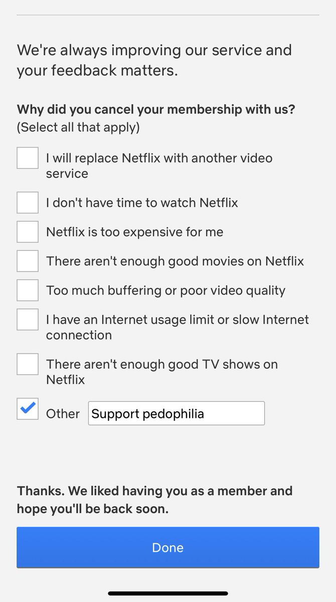 Boom and just like that my subscription is cancelled. This goes way beyond a political side, this is pedophilia and anyone who supports this is disgusting. #CancelNetflix #sickos
