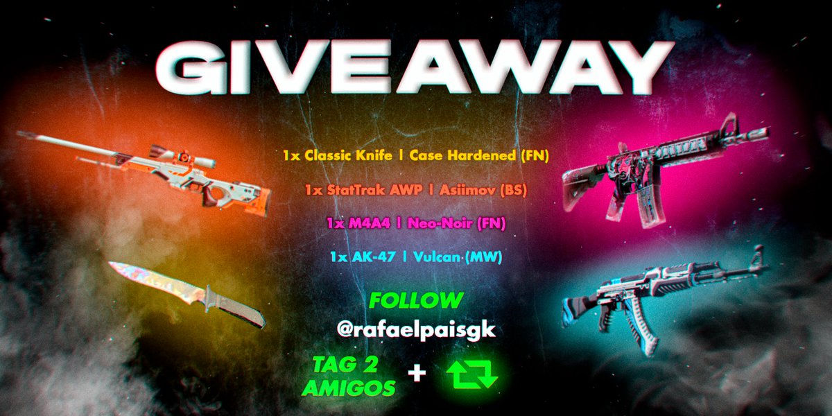 rafaelpaisgk's tweet image. Giveaway gigante com quatro skins e quatro vencedores!

- Retweet neste Tweet
- Follow @rafaelpaisgk 
- Menciona 2 amigos
- Ganha mais chance por aqui: giv.gg/KfVQL0

Boa Sorte a todos👌 Acaba dia 27/09 às 21:00