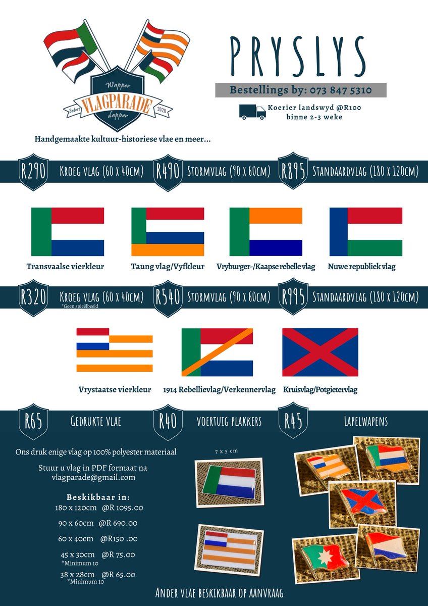 vlagparade's tweet photo. Kry jou vlag en raak deel van die Parade! Bestellings by 0738475310 #wapperdapper #vlag #vierkleur #vrystaat #erfenis https://t.co/A3jouWfhjT