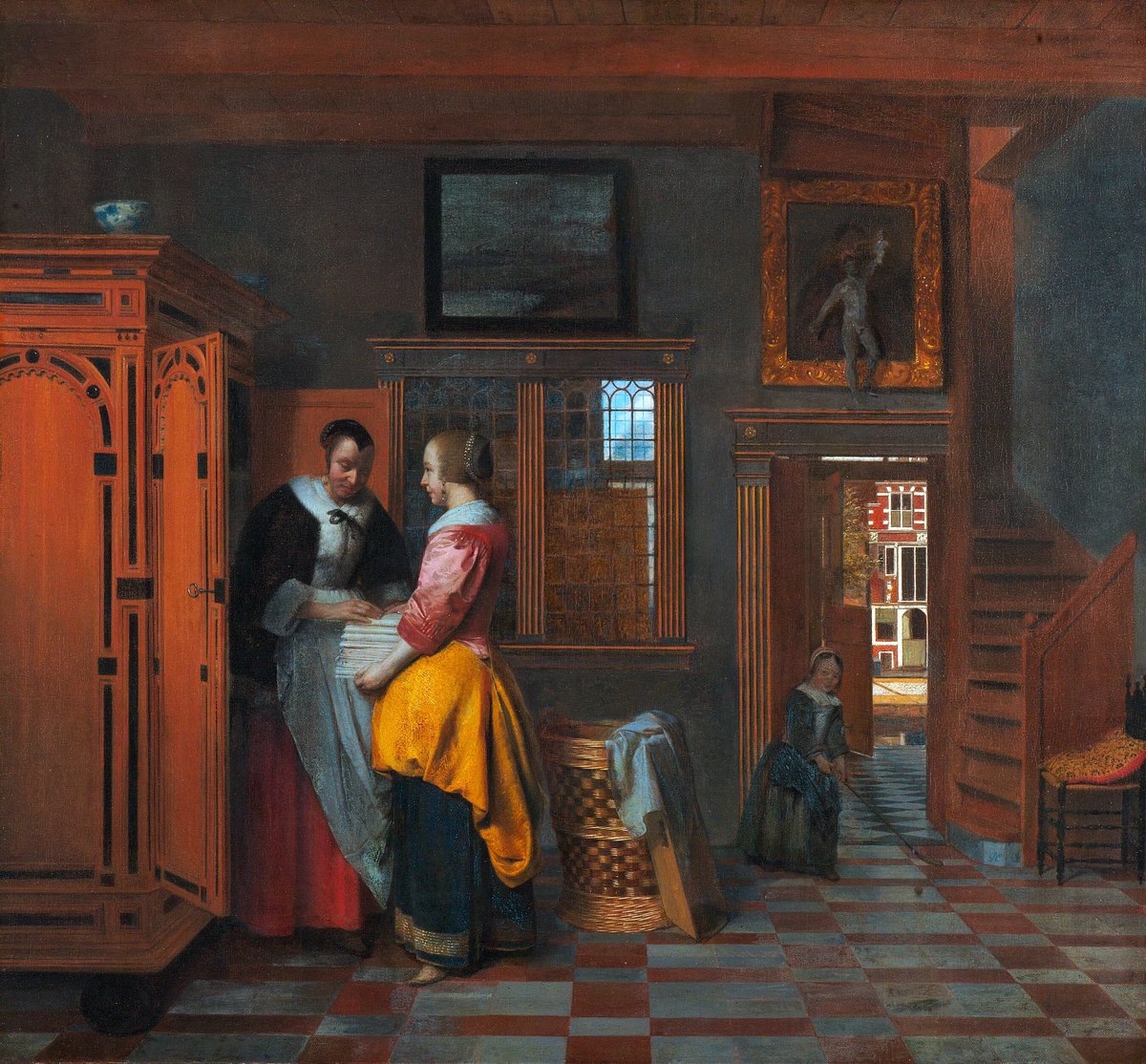 Pieter de Hooch (1629-84) was a painter of genre scenes who is little known compared to Vermeer. Here we see a Dutch concern with order & work. Both were considered great attributes in austere contemporary culture. Interior with Women beside a Linen Chest (1663)