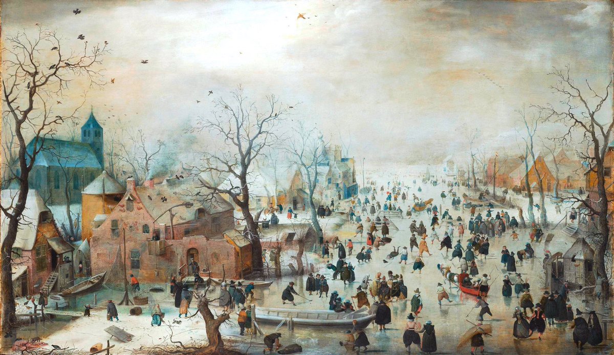Hendrick Avercamp (1585-1634) is famed for his ice scenes. Each picture is presented with a gentle humour & a love of incident. There’s a fallen skater & an upturned boat used as an outhouse. His work moves from anecdote to high art in his understanding of atmosphere (c1609)