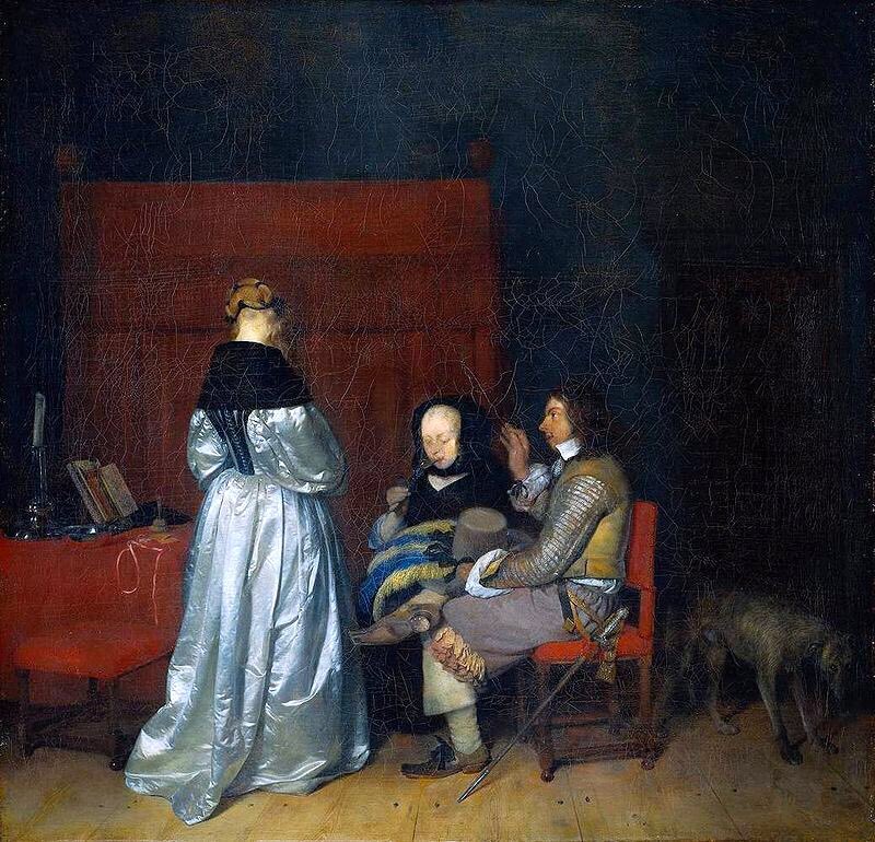 Gerard ter Borch (1617-81) was another genre painter. His forte was in depicting textiles as seen in the lady’s satin dress. Coupled with Protestant austerity was a Dutch interest in prostitution. Here the Madam sips as the soldier examines the young woman (c1654)