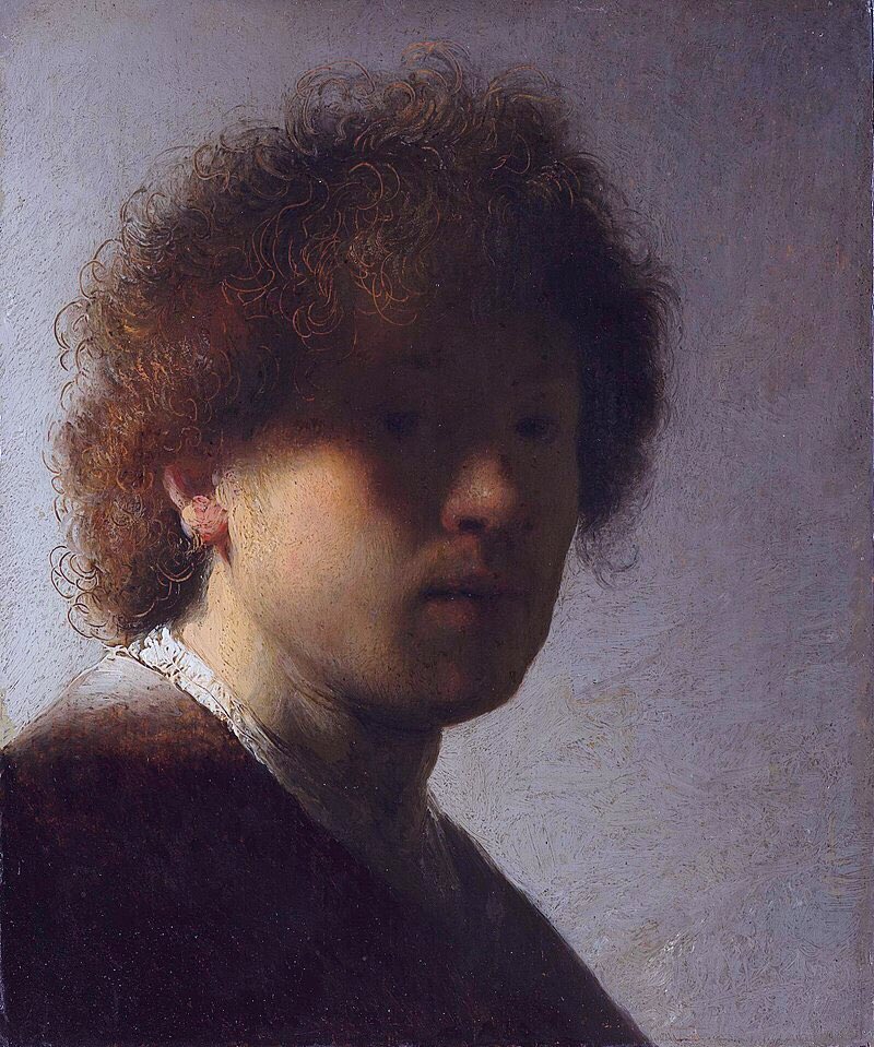 Rembrandt (1606-69) painted this tousled haired self-portrait c1628. Already we see his command of light & technique. The shining hairs are scratched into the panel using the end of his brush, revealing the under painting. It’s an image of doubt yet profound ability.