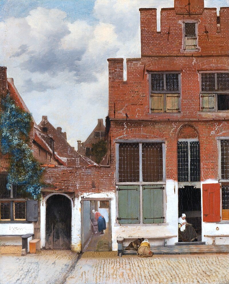 Here is Delft (c1658); exact whereabout irrelevant. Use of Camera Obscura equally tedious as a point. Vermeer painted with genius. Incidents are revealed, old bricks moulded, shutters hang awry & children play. Here is life.