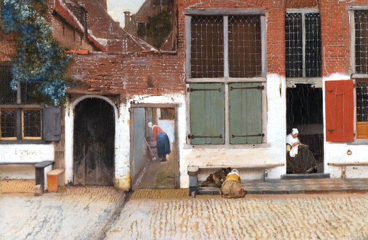 Here is Delft (c1658); exact whereabout irrelevant. Use of Camera Obscura equally tedious as a point. Vermeer painted with genius. Incidents are revealed, old bricks moulded, shutters hang awry & children play. Here is life.