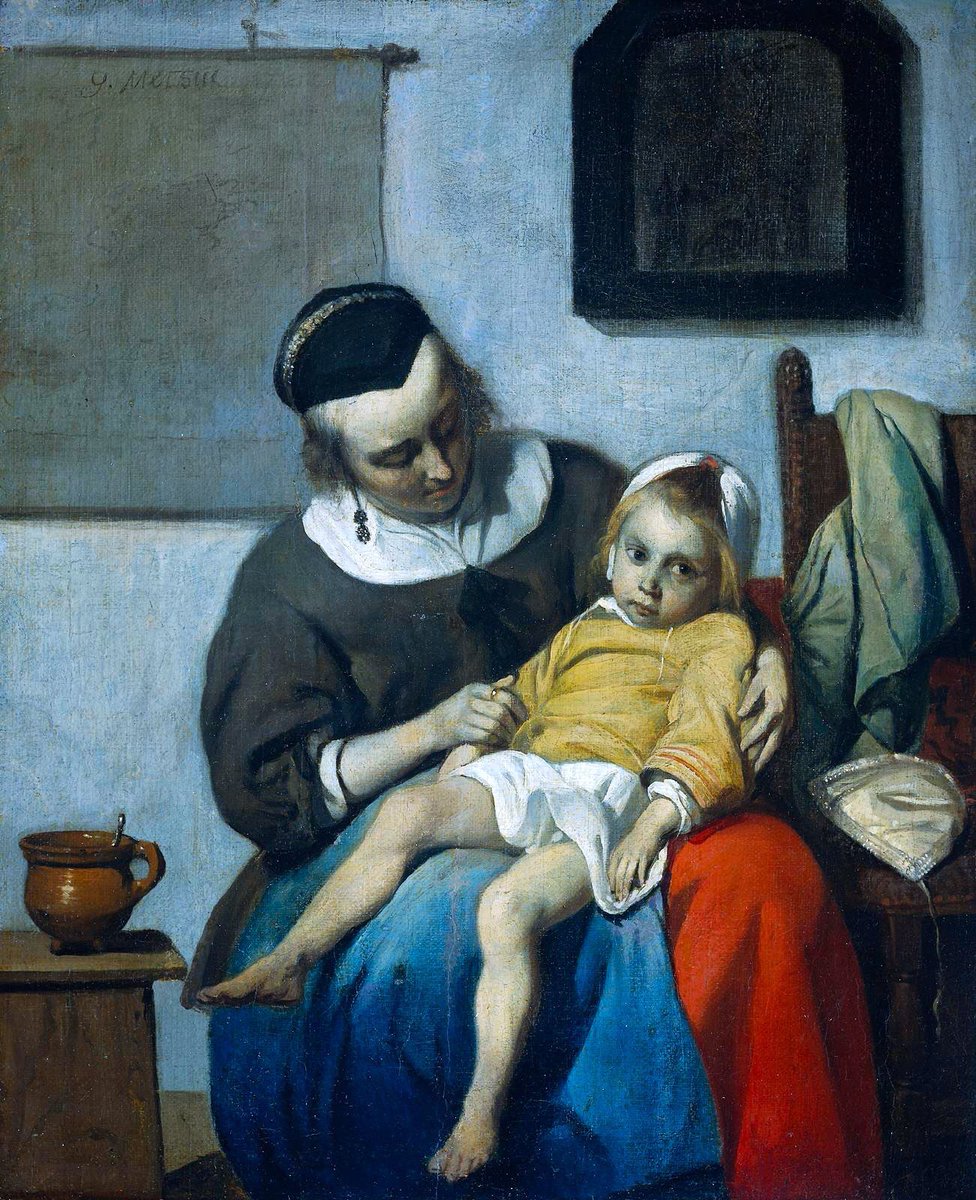 Gabriël Metsu (c1660) painted The Sick Child. It seems an unlikely subject. Here the mother comforts & monitors as the artist tries to distract. The child’s face, pale with illness, watches Metsu as he captures her listlessness, her mother’s concern & a moment of domesticity.