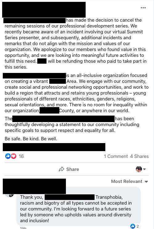 DrKarlynB's tweet photo. LOL I love it. I just love it. This is the statement from the group that canceled me yesterday. So let me get this straight: I do an event over the weekend that included black people, gay people, and trans people....and suddenly I'm a racist, transphobic, bigot. Oh the tolerance! https://t.co/COkzuqSWd9