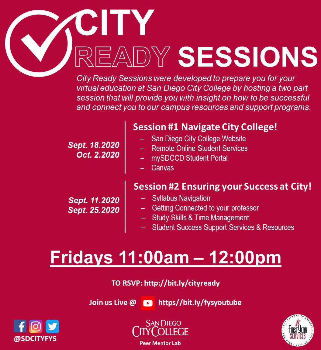 📣📣Join us tomorrow, Friday, September 11th for our City Ready Session Part 2 where we will cover skills that will ensure your success as a student and beyond!! #sandiegocitycollege #fys #peermentors 

🔸To: RSVP: bit.ly/cityready 
🔸Join us Live: https//bit.ly/fysyoutube