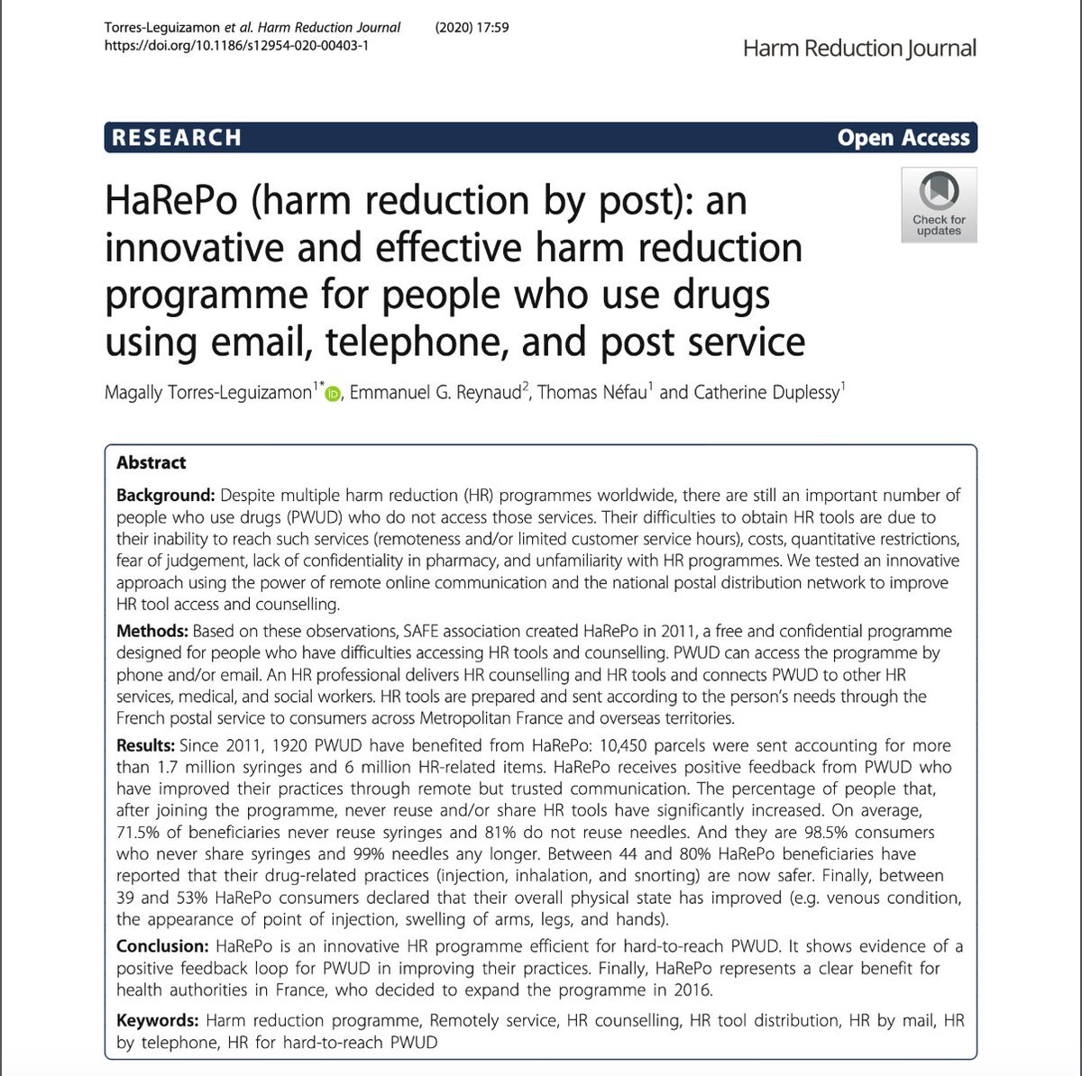 AssociationSAF3's tweet photo. Our program & work in #Newspaper article published on #HarmReductionJournal on August 28, 2020
➡️ #HaRePo (#HarmReduction by post): an innovative and effective #HarmReduction programme for people who use #Drugs using email, telephone, and post service
https://t.co/rTIap8MaGJ https://t.co/8819DC5eDs
