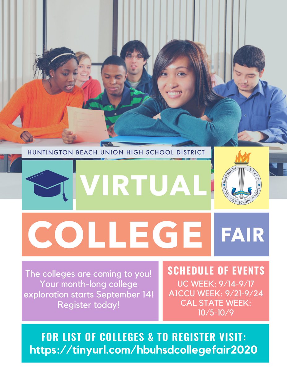 HBUHSD's tweet photo. This year, colleges are coming to YOU!🤩
Starting September 14th, begin exploring the Virtual College Fair &amp; discover all the amazing colleges during UC Week, ASICCU Week, &amp; Cal State Week. Opportunity is out there, don’t miss out!
Head to https://t.co/LUkb0gjNj8 to register. https://t.co/93MvGin5n4