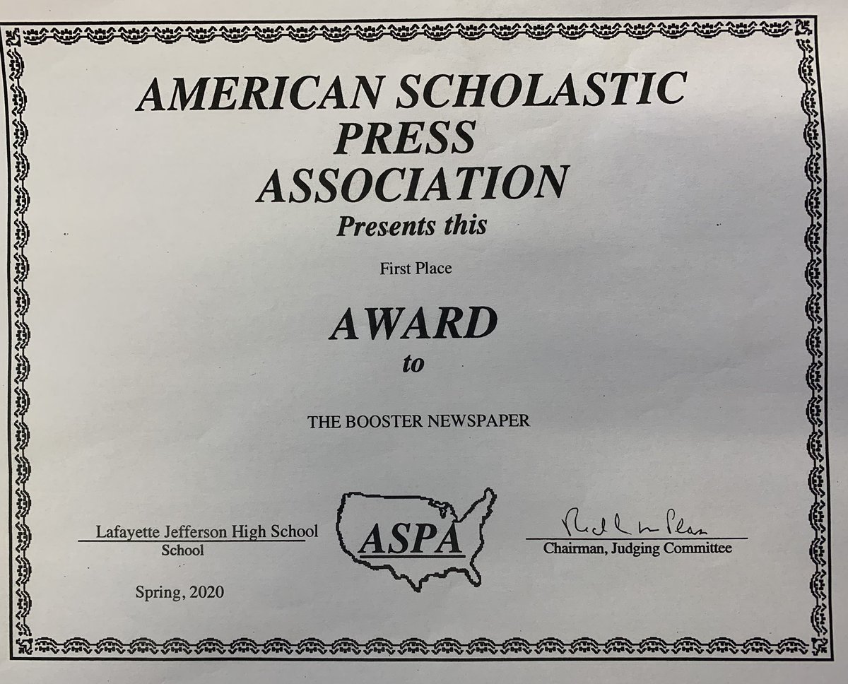 jeff_principal's tweet photo. Congrats @JeffBOOSTER for earning a 1st Place Award by the American Scholastic Press!They competed against other schools our size from across the country.This makes 19 out of the last 20 yrs the Booster has been recognized as one of the premier student newspapers in the nation! https://t.co/JYc0XpBegi