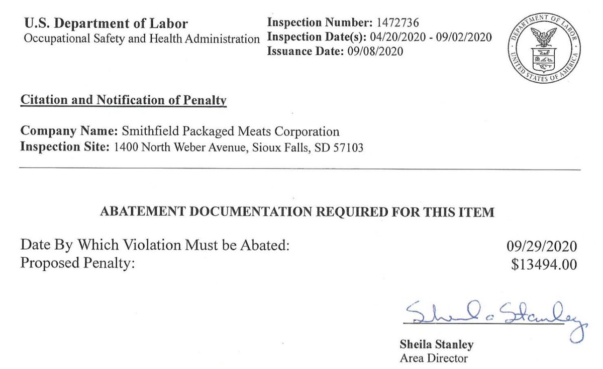 jamieson's tweet photo. Want to know what a worker's life is worth in America?

More than 1,000 workers at Smithfield's Sioux Falls SD plant contracted coronavirus.

Four of those workers died.

OSHA just issued a fine against that plant. 

For $13,494. https://t.co/QHeNaZ3PqF