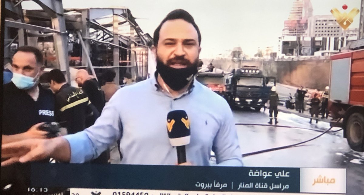 .  @Almanar_TV reporter gets closest to the blaze, reveals tires and washing machines in the hanger- repeats script several times: fire under control, army/firefighters cooperating, no injuries. Zero questions about accountability, who is responsible and how could this happen.