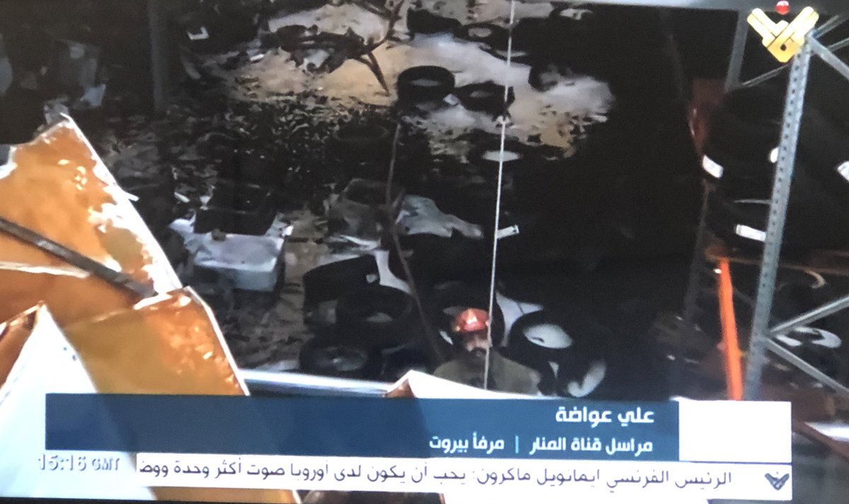 .  @Almanar_TV reporter gets closest to the blaze, reveals tires and washing machines in the hanger- repeats script several times: fire under control, army/firefighters cooperating, no injuries. Zero questions about accountability, who is responsible and how could this happen.