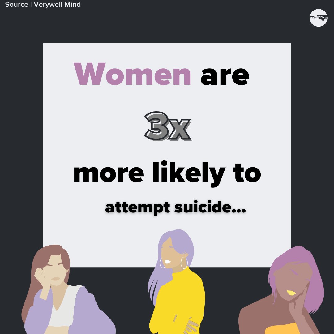 WomenNC's tweet photo. Women are three times more likely to attempt suicide and show higher rates of suicidal thinking.  We need to craft suicide prevention programs using a gendered lens so that they are pertinent, supportive and effective for women at all stages of life.
#RealConvo #SuicidePrevention https://t.co/J3fL6zQI0m