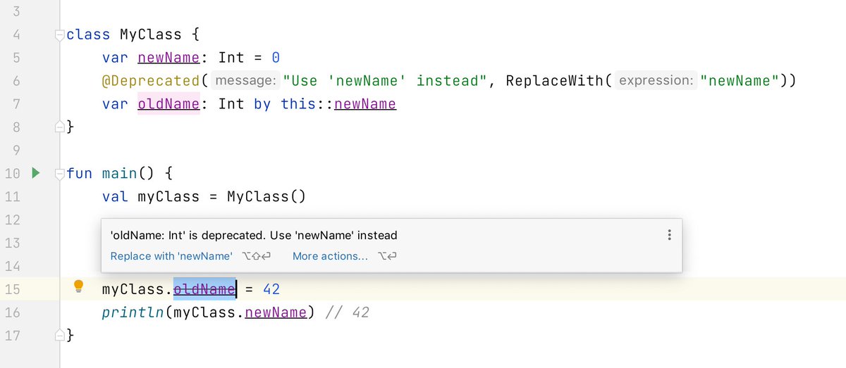 Starting with 1.4, a property can delegate its getter and setter to another property. To rename a property in a backward-compatible way, introduce a new property, annotate the old one with a @Deprecated annotation, and delegate its implementation.
